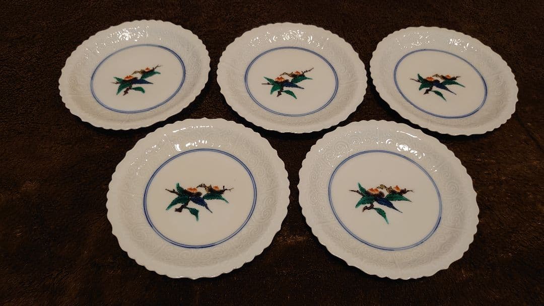 古九谷　九谷焼　輪華皿　陽刻　花の図　蔵出し　５客