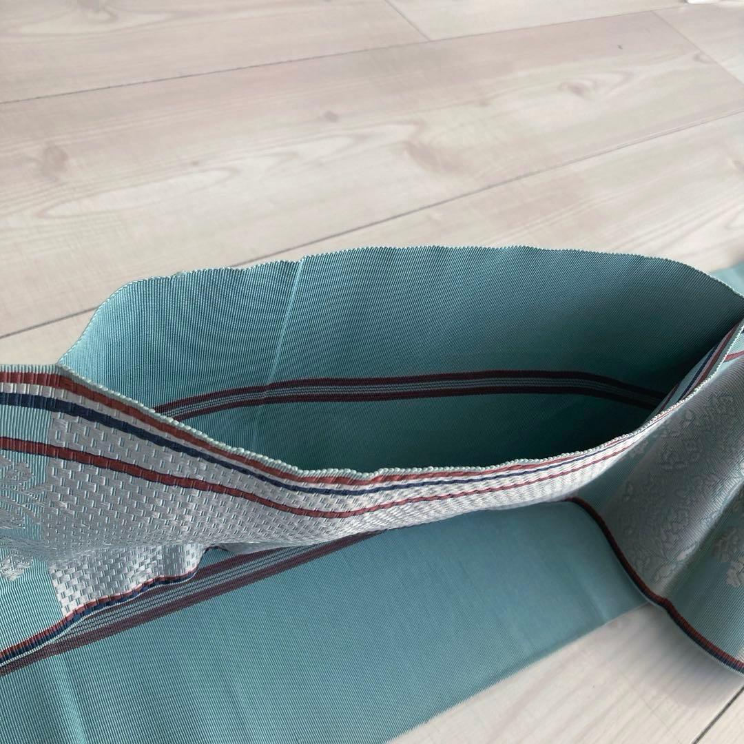 本場筑前博多織　半幅帯　ブルーグレー　織り出し花模様・縞模様　正絹　No2.22