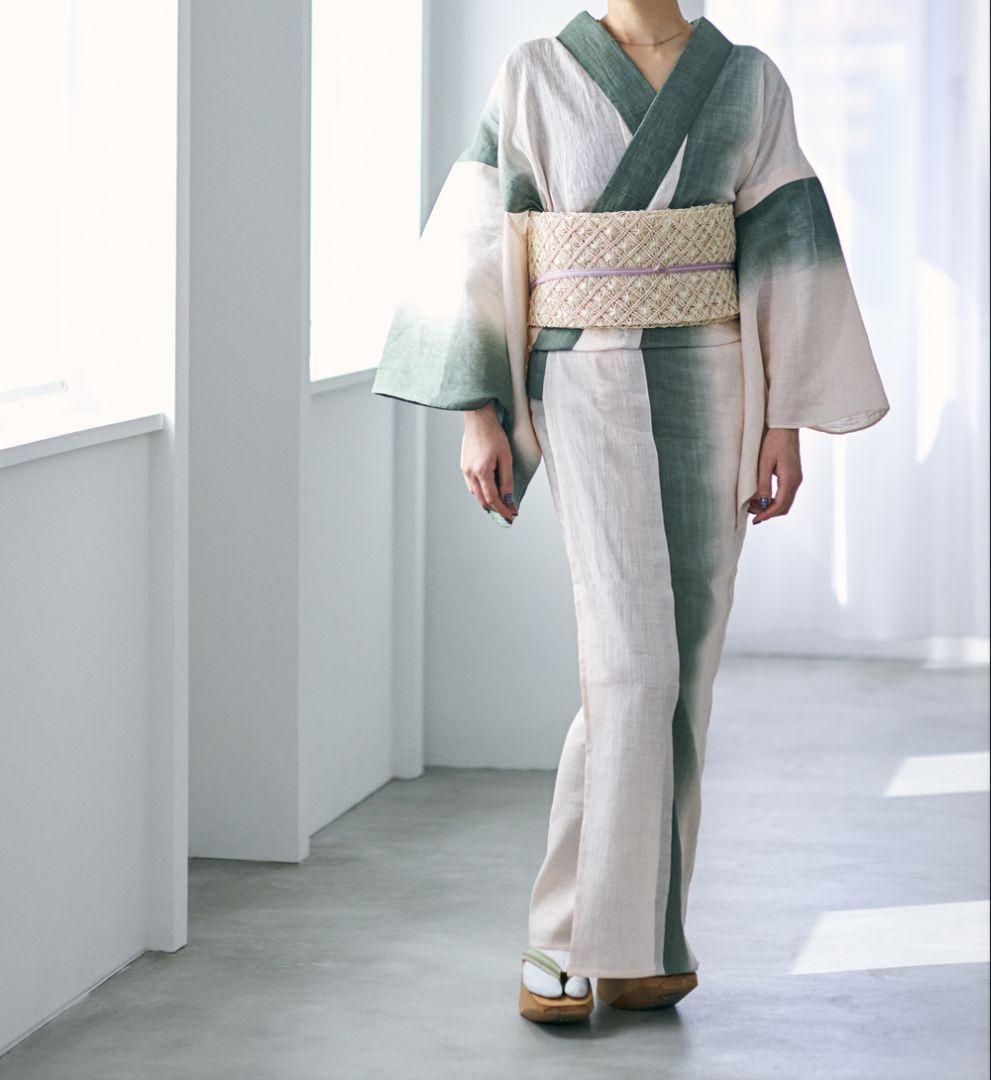 誉田屋源兵衛　アバカ　半幅帯 　生成　芭蕉通風段文　未使用・タグ付き