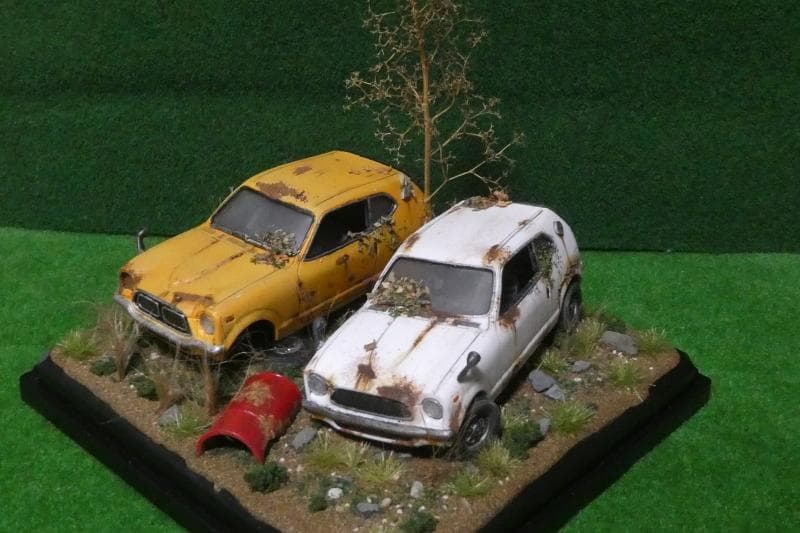 1/32 ホンダ Z GT・GSS 昭和レトロ風景 ジオラマ完成品 錆汚し加工
