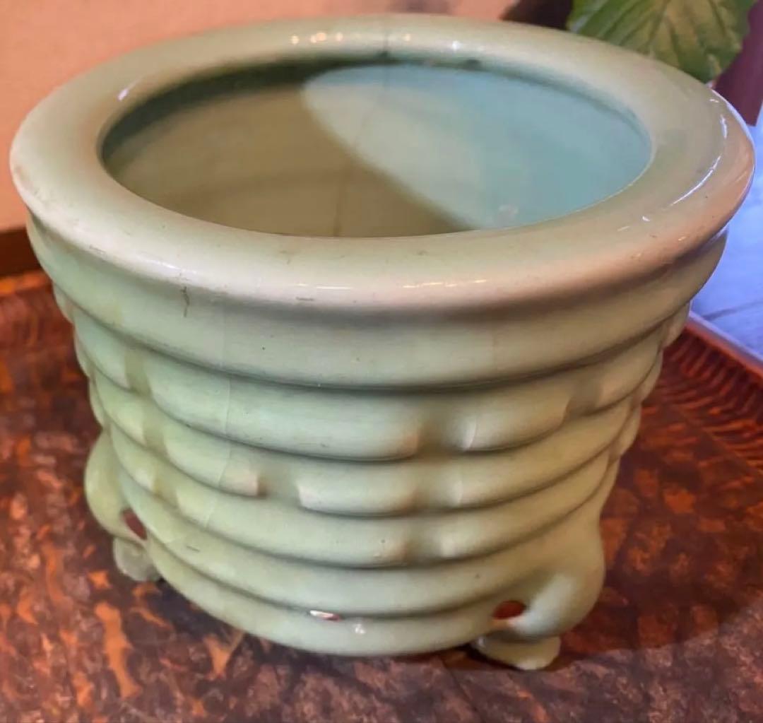 青磁三脚香炉・陶器剣山付き　２点セット ヴィンテージ　レア