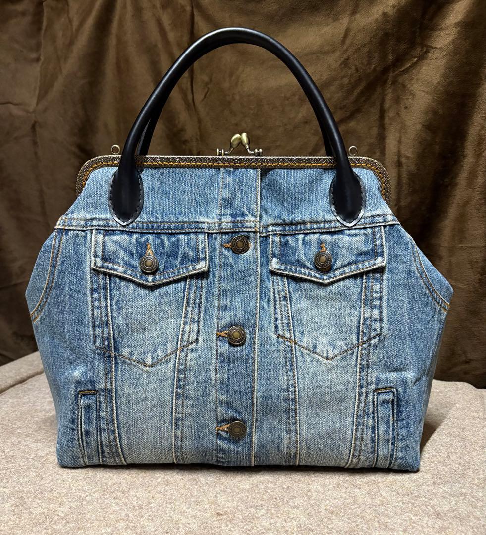 ゆら様 大きめ口金30cmデニムリメイクがま口バッグ 市松ブラウン がま口長財布