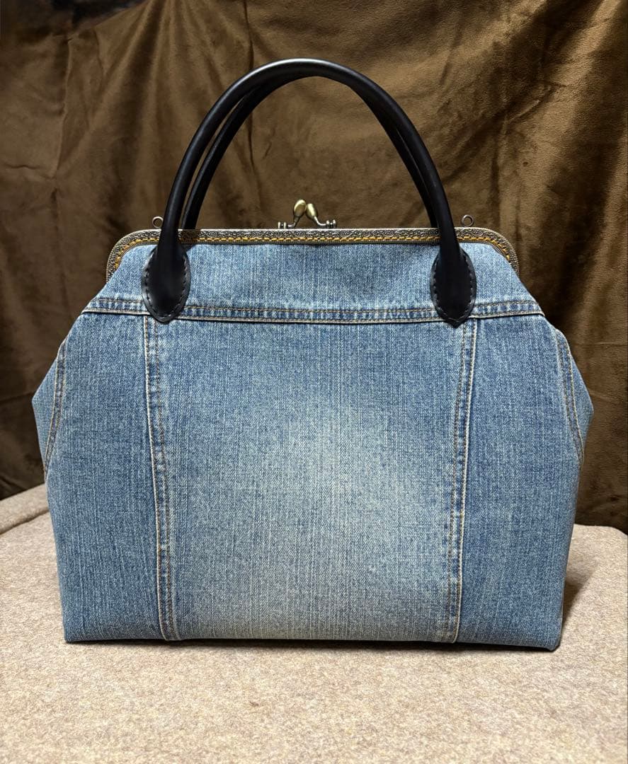 ゆら様 大きめ口金30cmデニムリメイクがま口バッグ 市松ブラウン がま口長財布