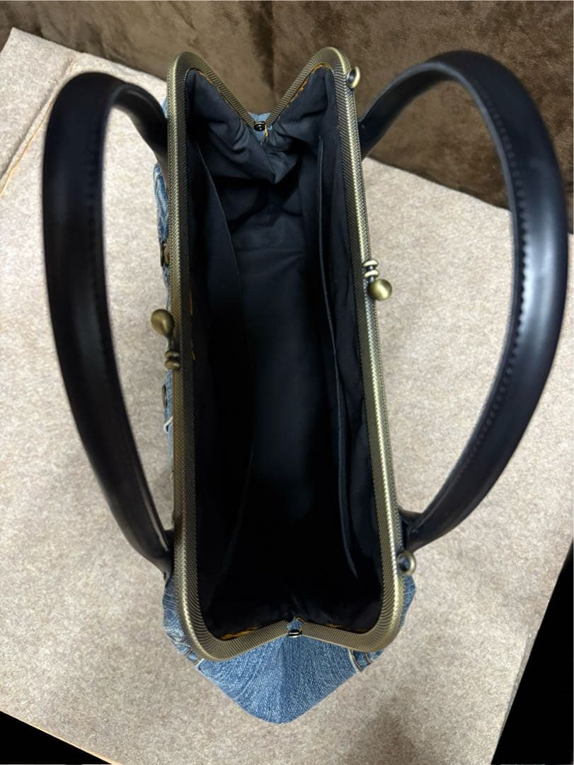 ゆら様 大きめ口金30cmデニムリメイクがま口バッグ 市松ブラウン がま口長財布