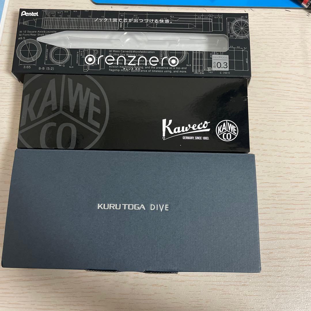 シャーペン、ボールペン、筆箱、クルトガダイブ　オレンズネロカベコ箱付き