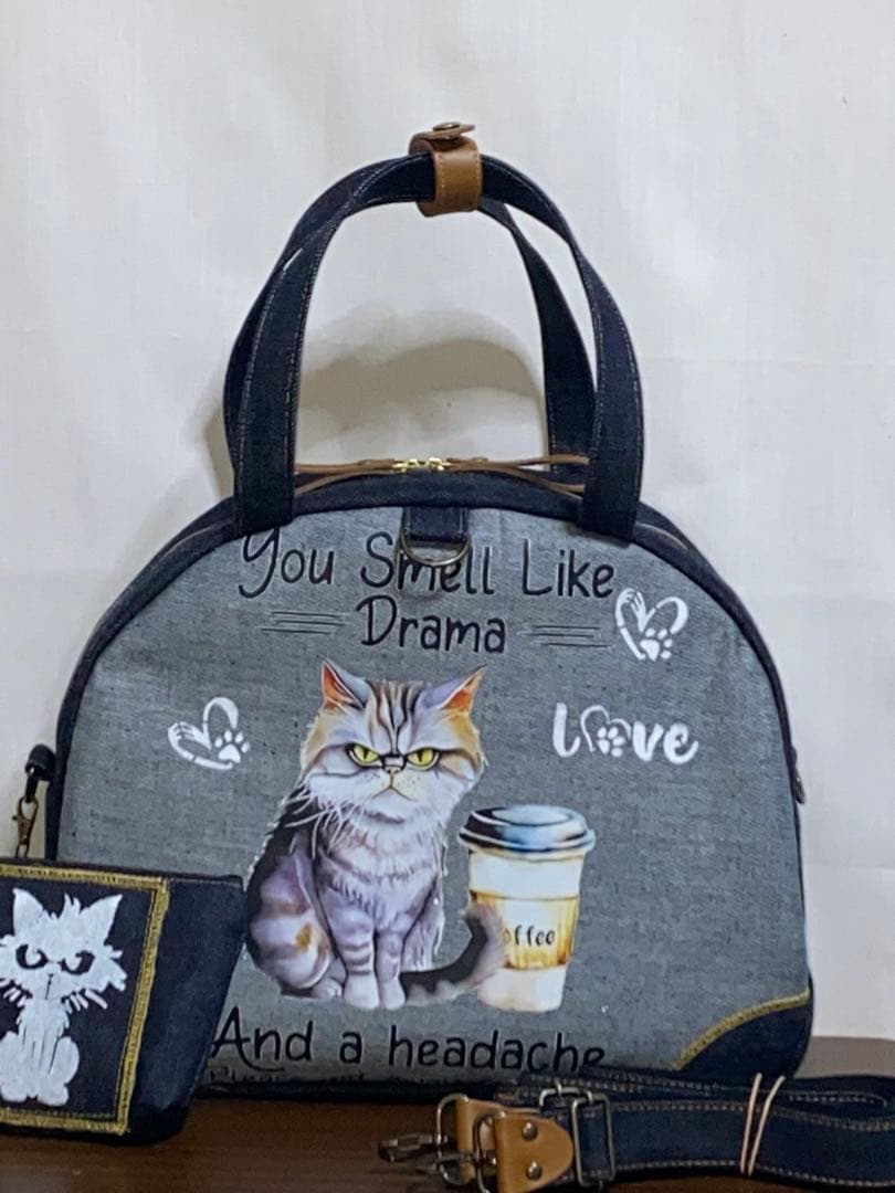 歳末セール☆岡山デニム☆トラ猫☆ステンシル☆扇型☆4wayボストンバッグ