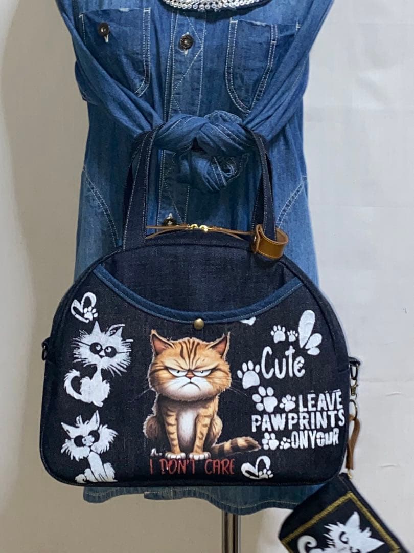 歳末セール☆岡山デニム☆トラ猫☆ステンシル☆扇型☆4wayボストンバッグ