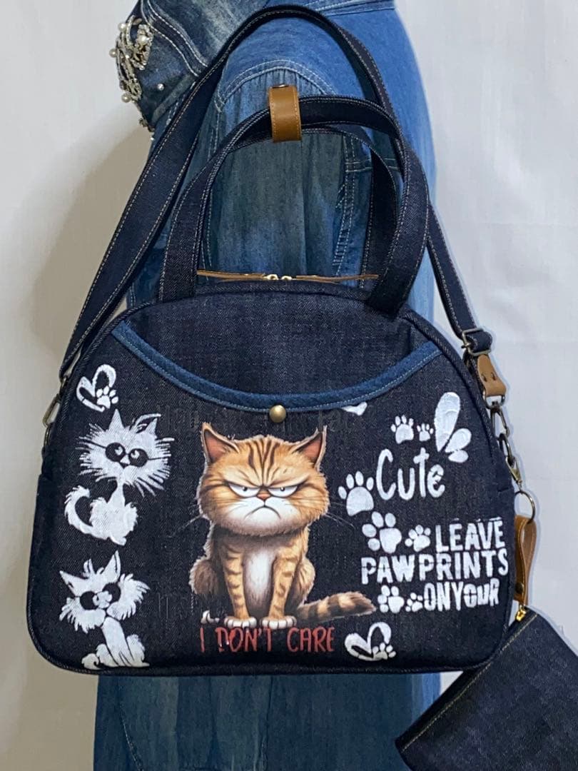 歳末セール☆岡山デニム☆トラ猫☆ステンシル☆扇型☆4wayボストンバッグ