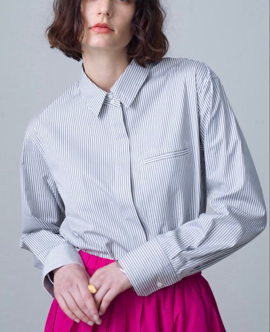 美品⁑エブール　2way ローガンコットンストライプシャツブラウス　グレー　38