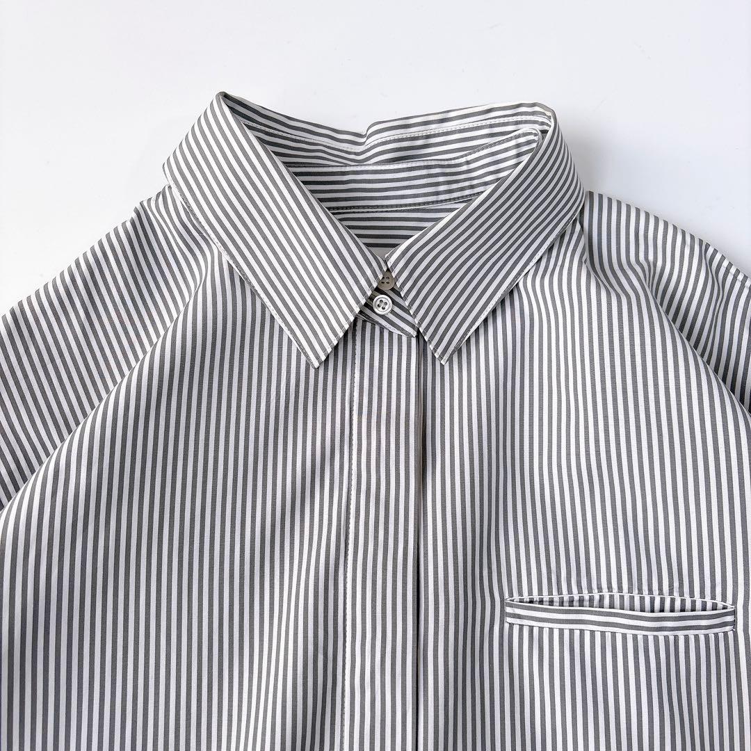 美品⁑エブール　2way ローガンコットンストライプシャツブラウス　グレー　38