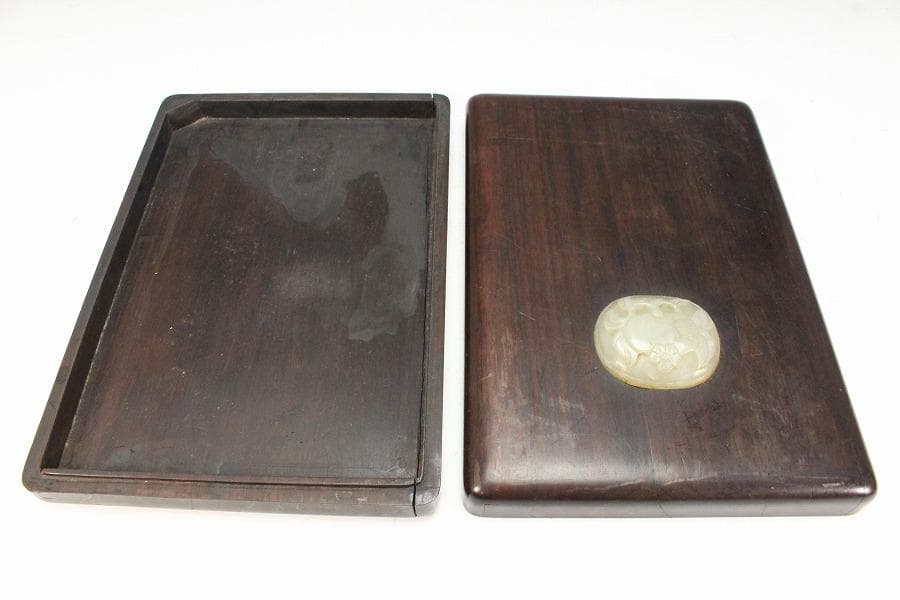 中国美術 古硯 端渓 白玉貼紫檀箱(K-LC732)