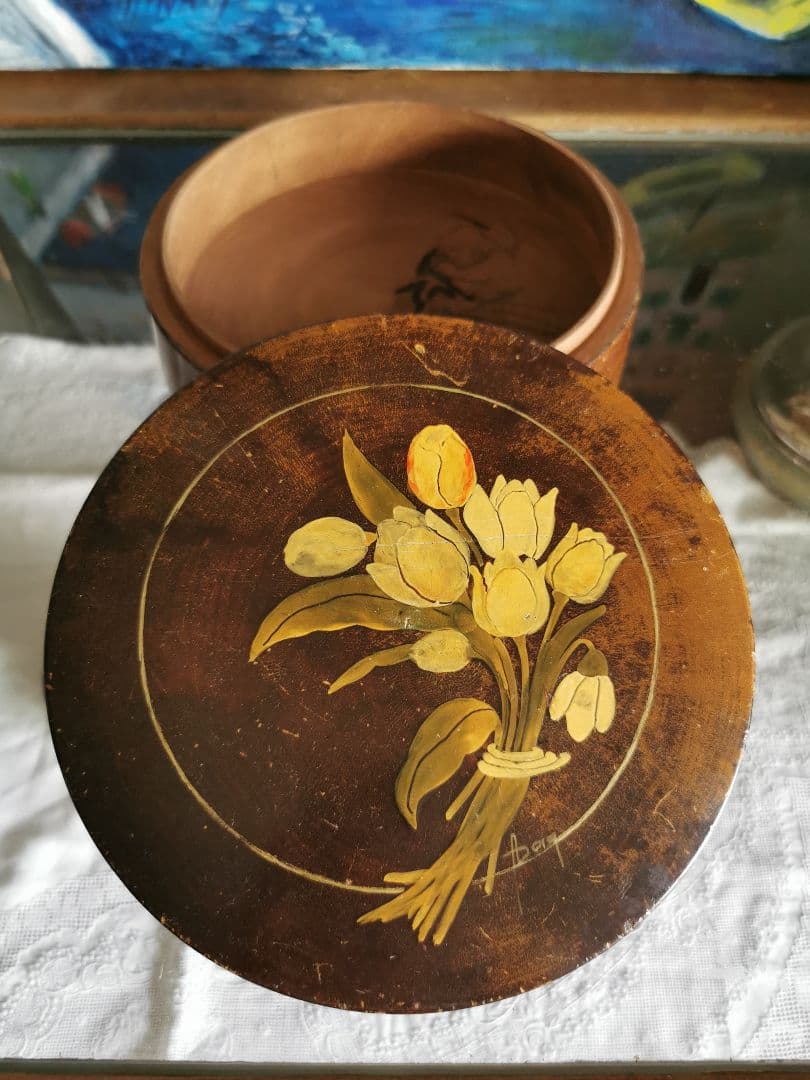 アンティークフランス 手描きチューリップの花束 蓋付きフルーツの木 飴色小物入れ