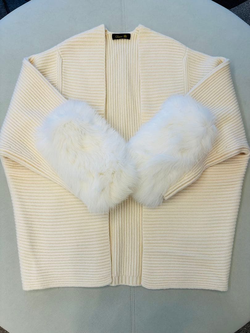 美品☆Drawerドゥロワーアイボリー ニットカーディガン ファー付き