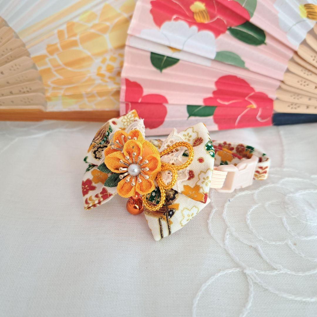 つまみ細工ダブルリボン(クリーム)わんちゃん猫ちゃん用首輪