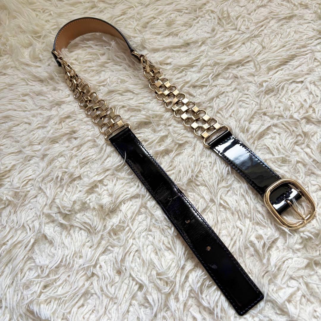 美品　セリーヌ ヴィンテージ　エナメル　ブラック チェーン ベルト レディース