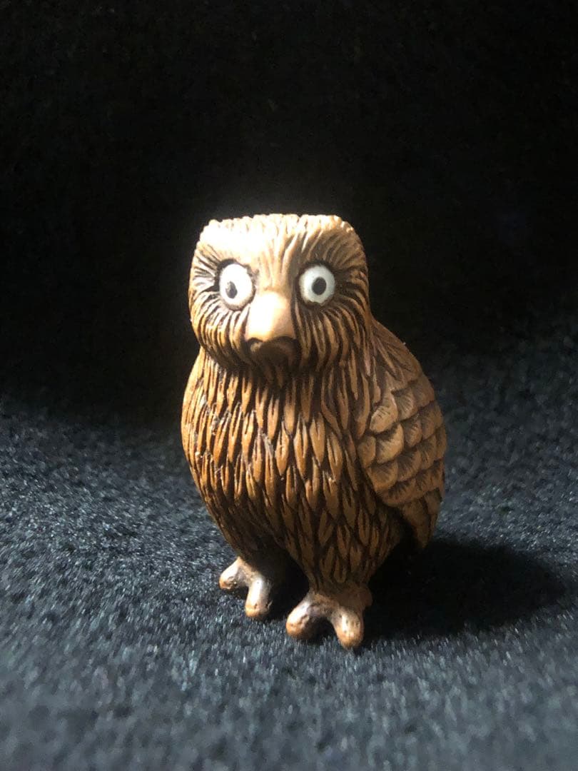 明治時代　木製　木彫　梟　根付　提げ物　骨董アンティーク　在銘