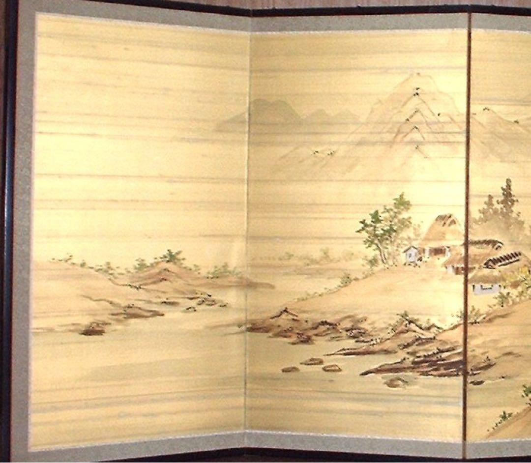 四つ折り屏風　日本画　絹本彩色　山水