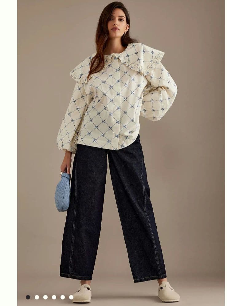 ダムソンマダー　ビッグカラーブラウス　ボリュームスリーブ　XL 相当　リボン柄