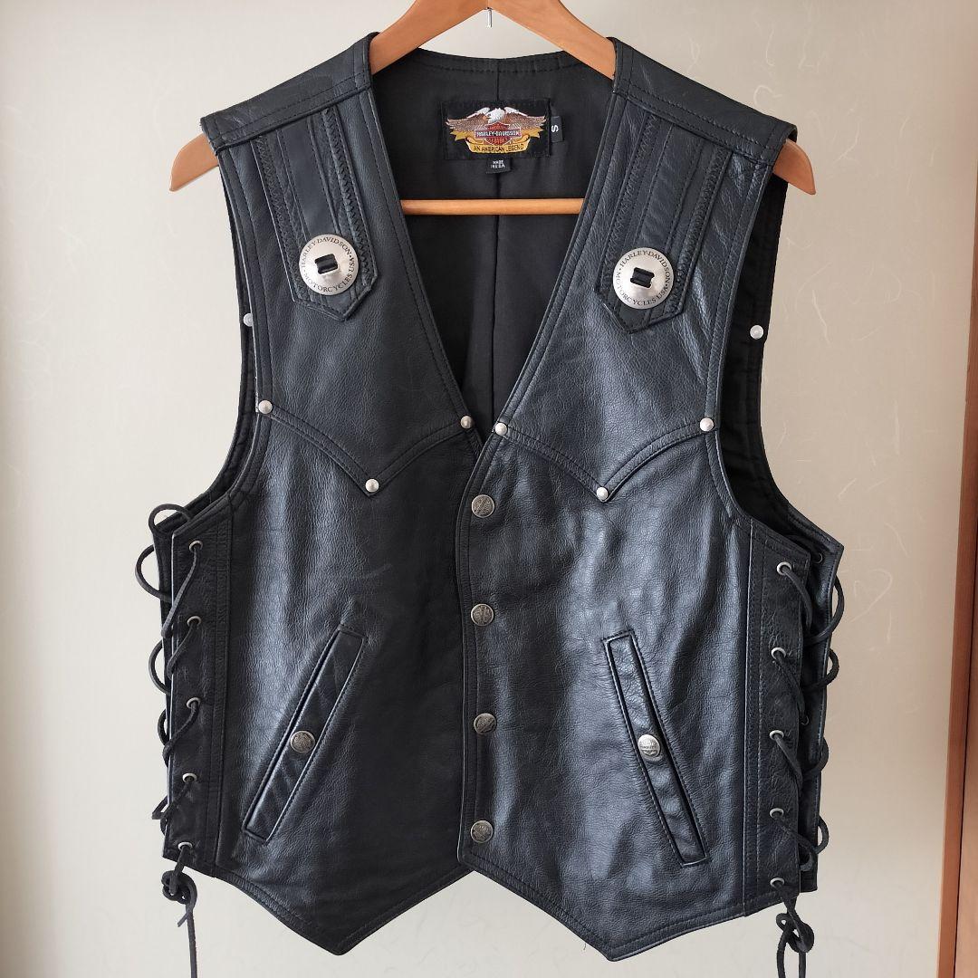 ハーレーダビッドソン USA製 コンチョ付き メンズ レザーベスト S