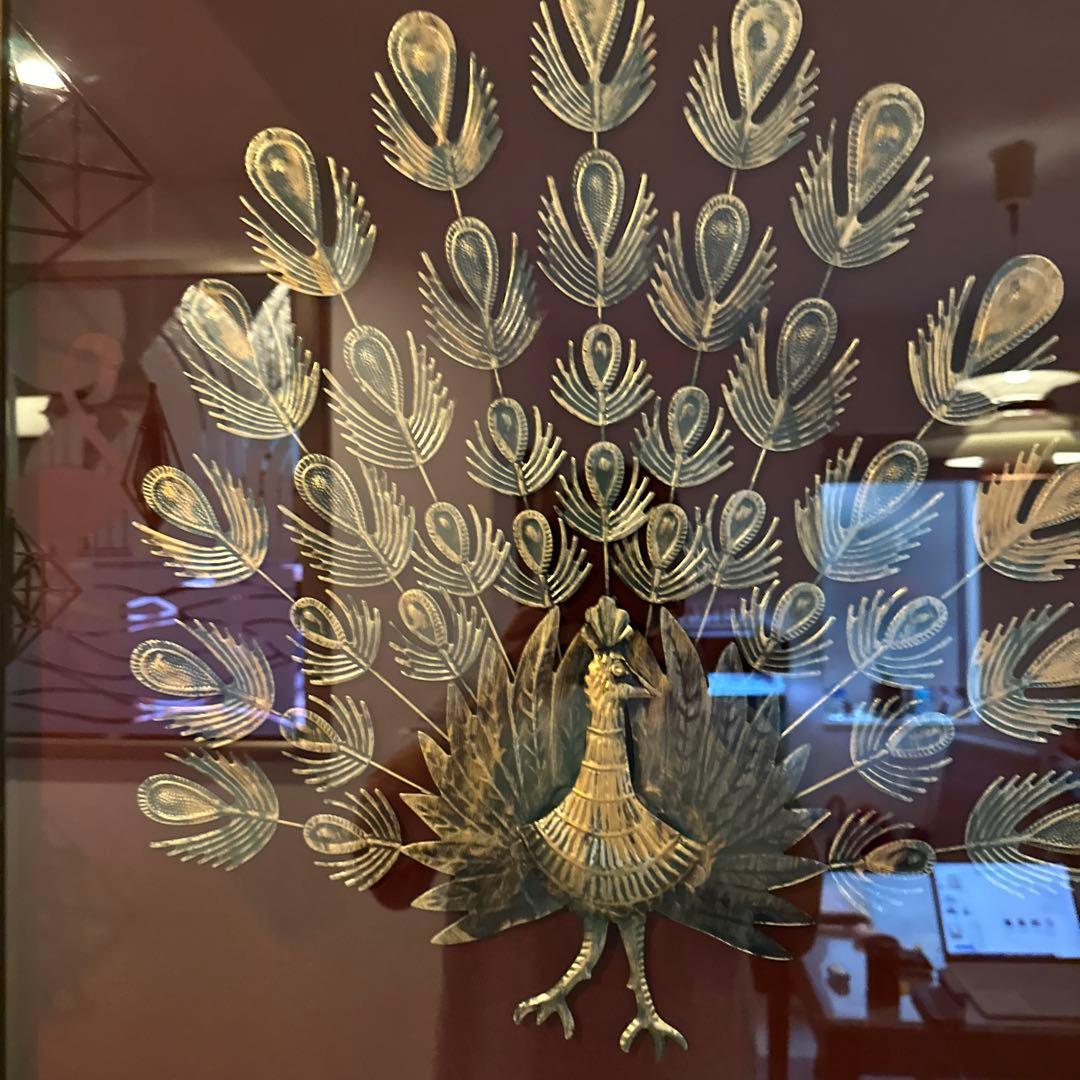 貴重　イタリア製　ビンテージ　孔雀アート作品 木製フレーム　ミッドセンチュリー