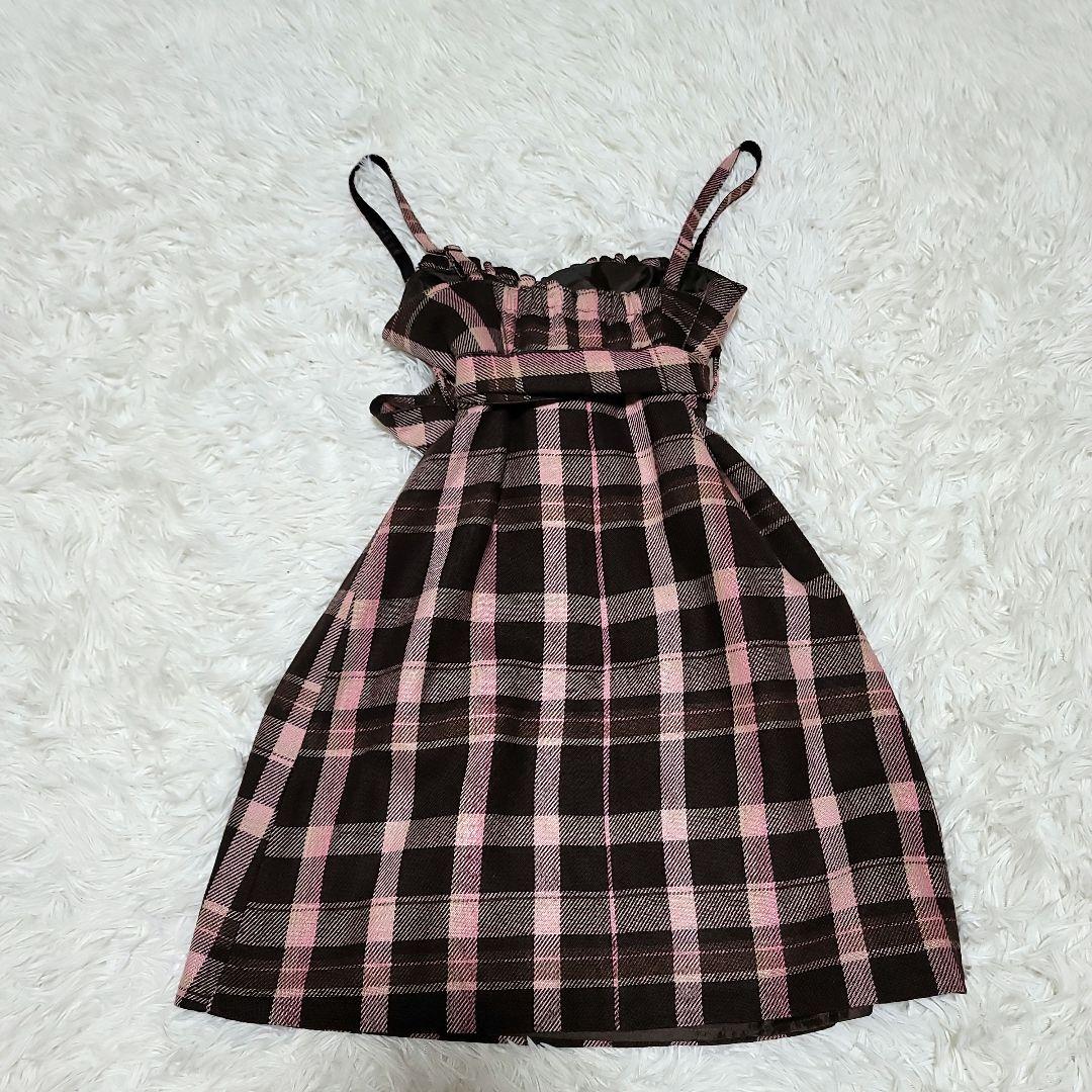 00s LIZLISA ピンクブラウンチェック リボン付き ワンピース 旧タグ