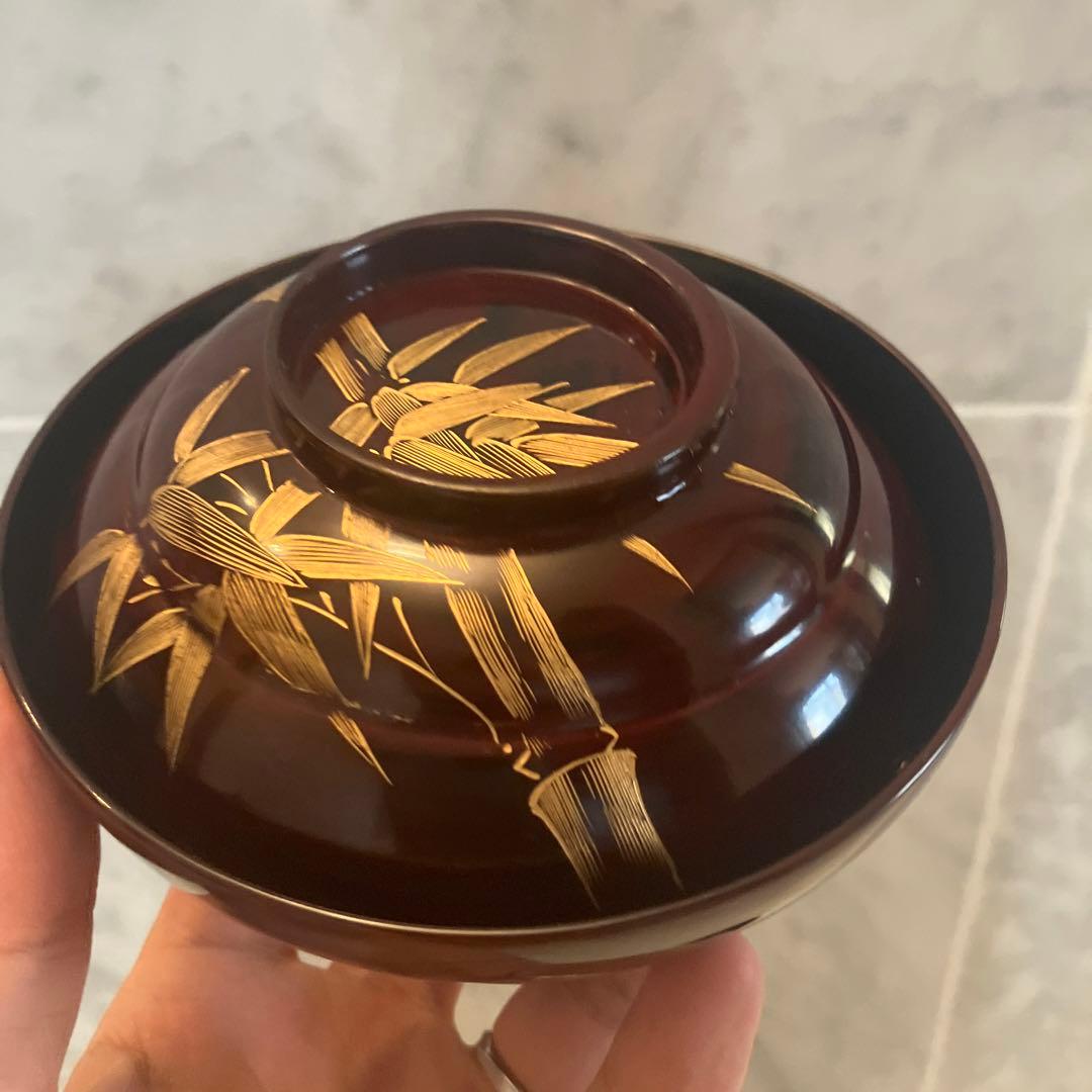 アンティーク大正時代　金彩のスズメや上品な竹が美し過ぎる木製輪島漆塗りお椀2客