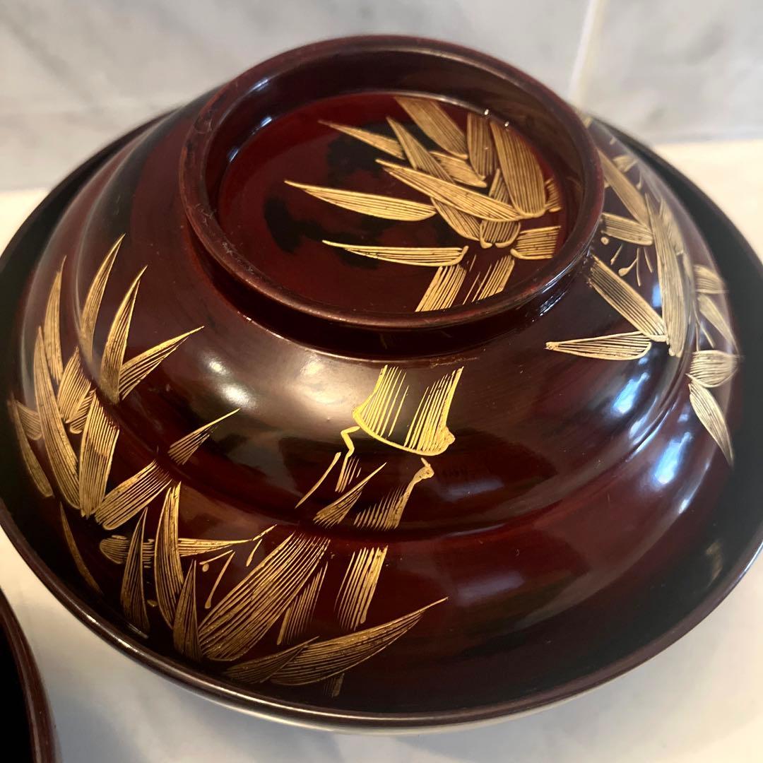 アンティーク大正時代　金彩のスズメや上品な竹が美し過ぎる木製輪島漆塗りお椀2客