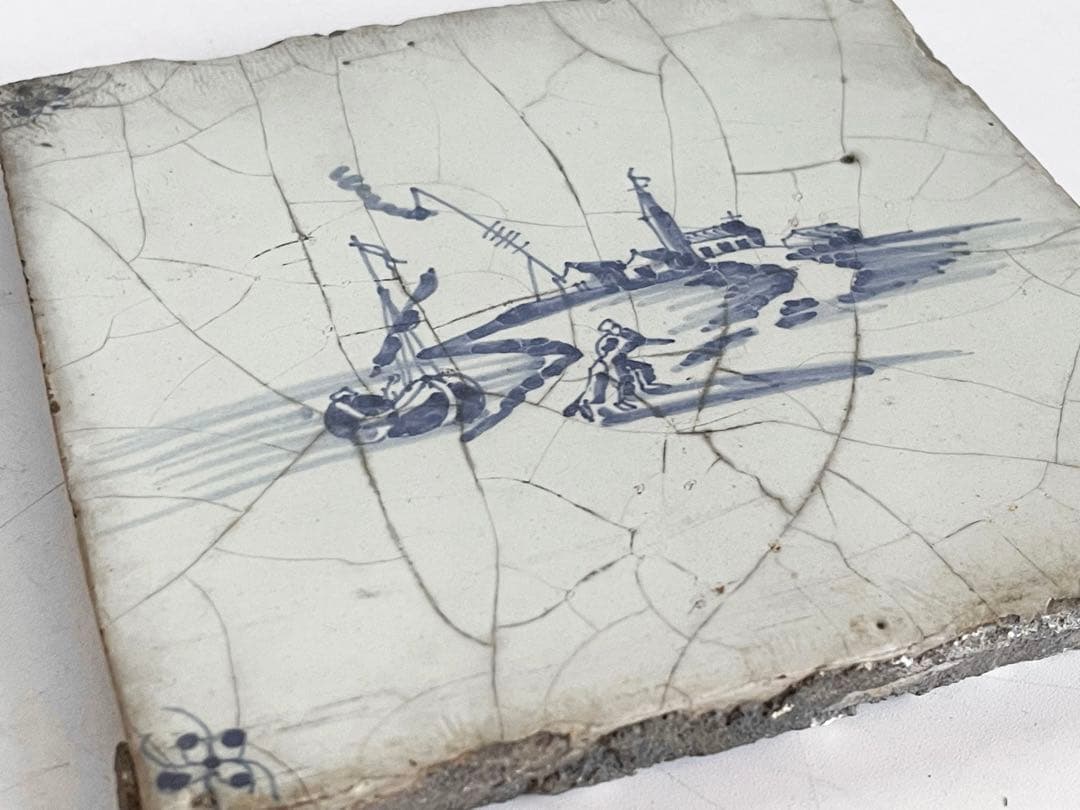 骨董　アンティーク　デルフトタイル　染付　人物文　港　船　17世紀　オランダ