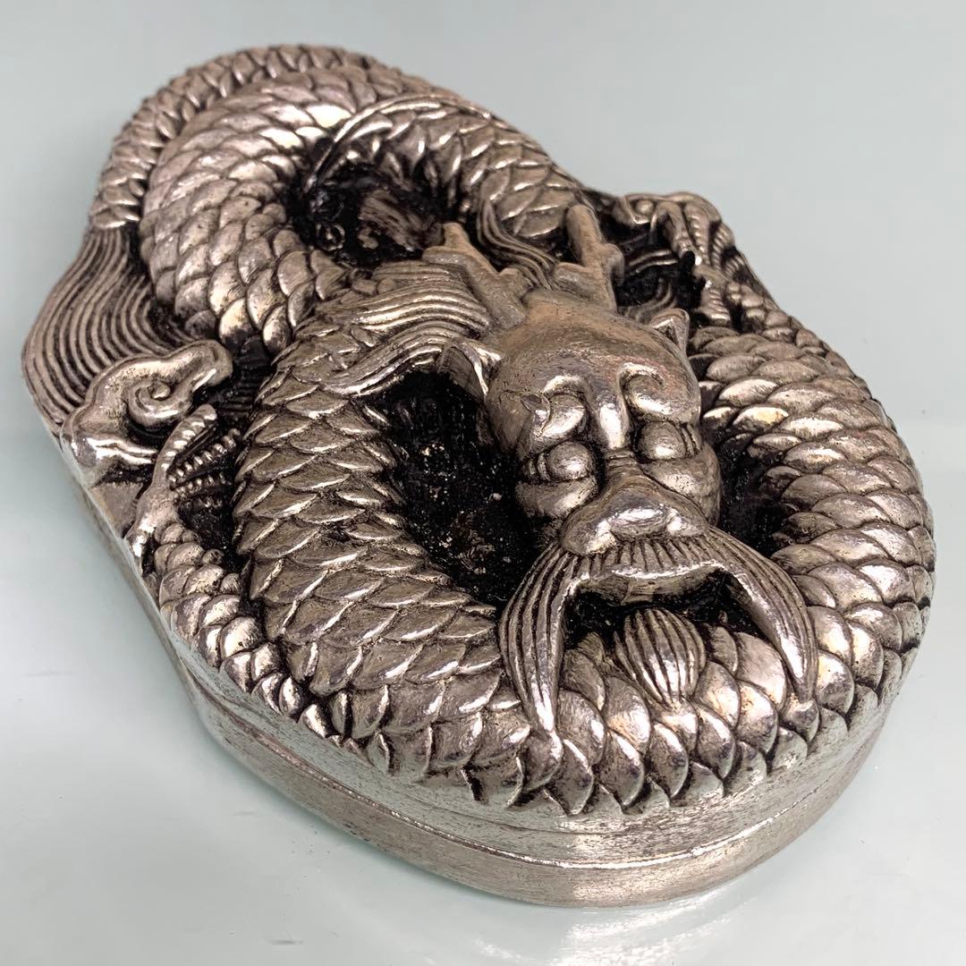文房具　書道　硯 銀龍 凹凸彫刻　インテリア　置物　縁起物　時代物