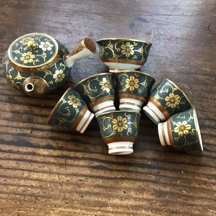 林伊平　細密青粒鉄線唐絵文煎茶器揃え　茶具　九谷焼