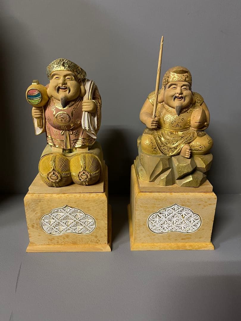 特別価格　恵比寿　大黒　セット　木彫り　彩色　手彫　柘植材　31