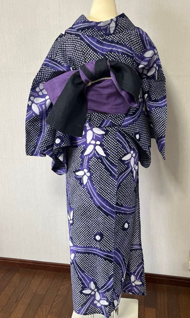 a-06 有松絞り　浴衣　紫　蝶々　裄68 良品