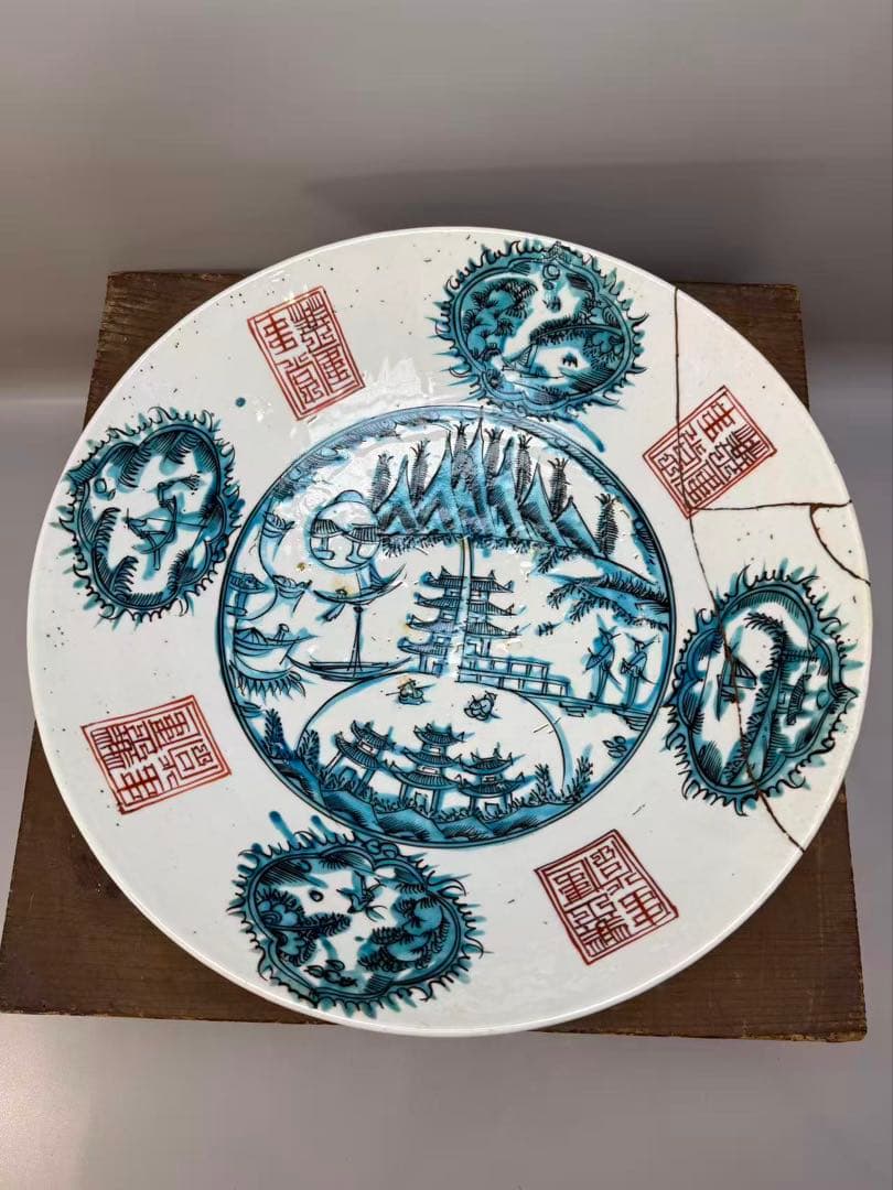 DT519 中国美術 呉須 楼閣山水図 大鉢 皿 明末期