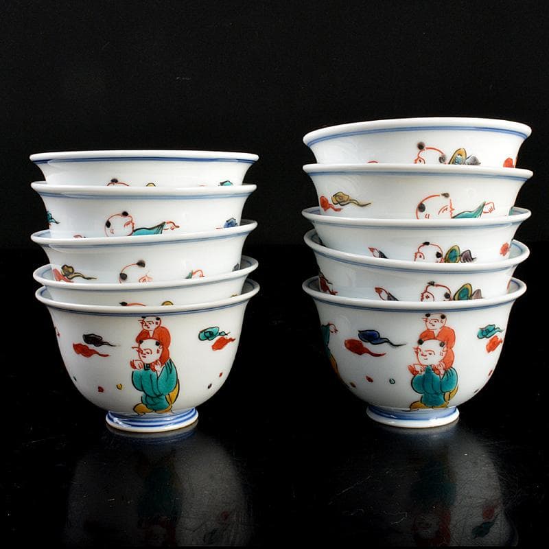 九谷焼　堀江青光作　色絵唐子文　波出茶碗　10客　共箱　V　6232C