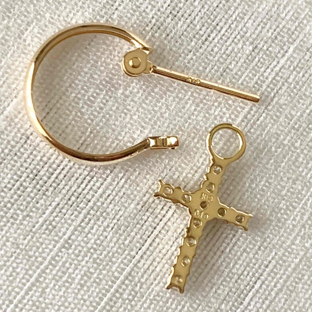 18金【フープ+クロスピアス 天然ダイヤモンド0.1ct】2way 新品！