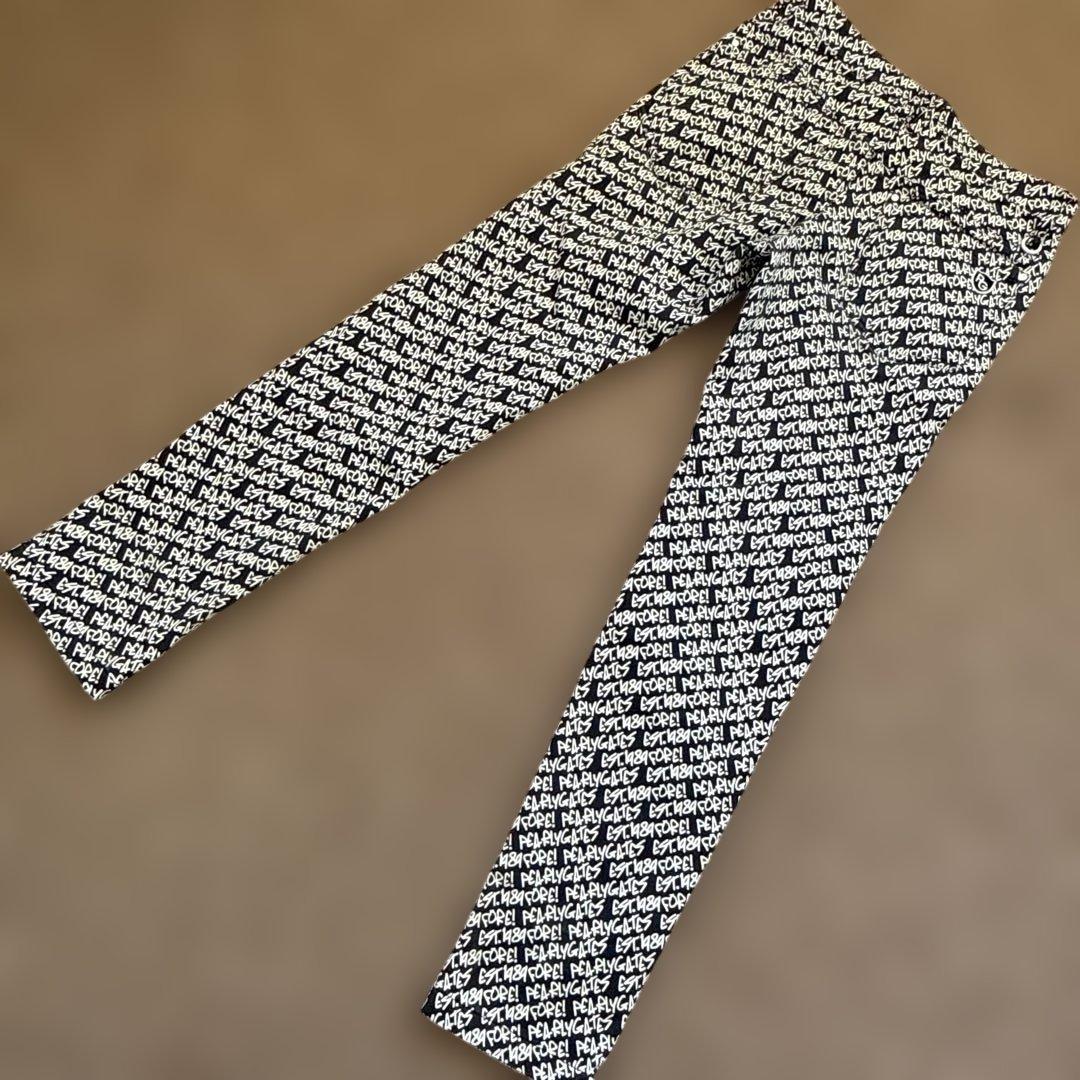 防寒　蓄熱　裏地付き　パーリーゲイツ　パンツ　総柄　M〜L相当　紺　白　ネイビー