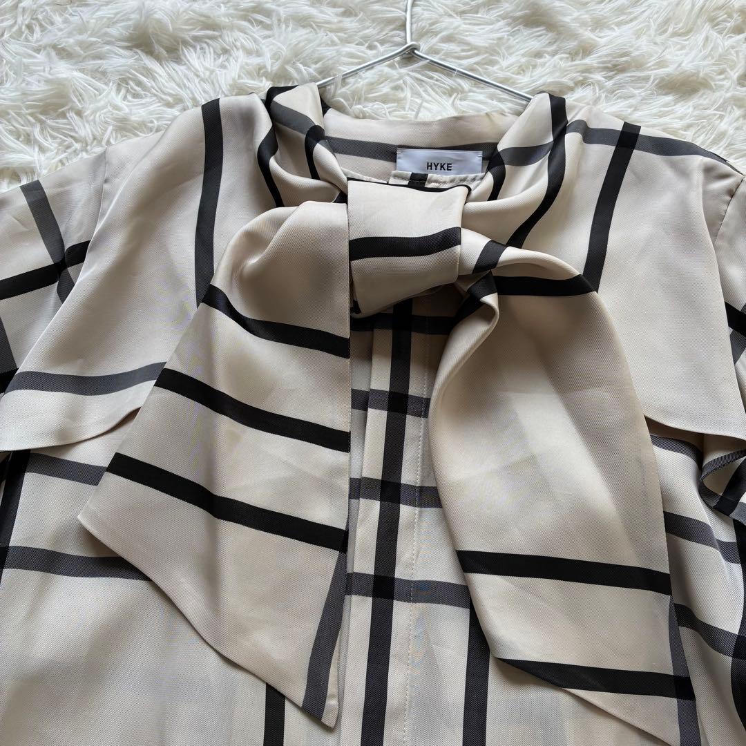 美品✨HYKE ハイク ボウタイブラウス サイズ2 ベージュ チェック柄
