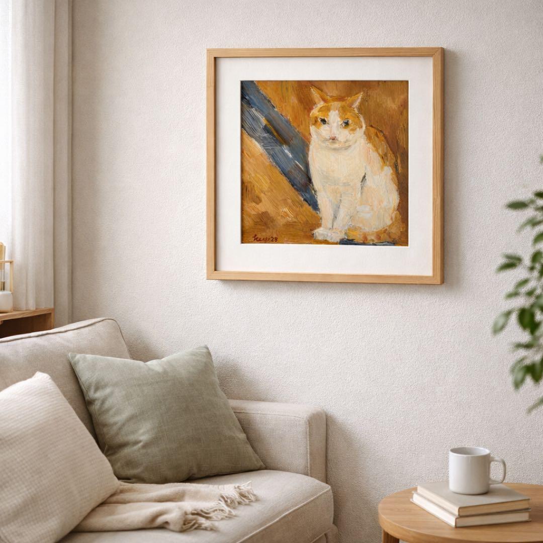 《静かに座る猫》原画｜油彩・キャンバス｜20×20cm｜2025｜一点物