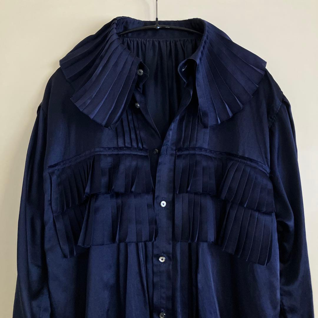 JUNMIKAMI コットンシルク　フリルシャツ　ネイビー