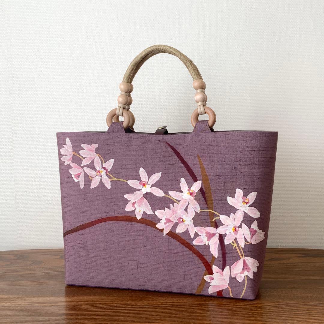 A4サイズ対応　紬　蘭のお花　リメイク　リネンコードハンドルバッグ