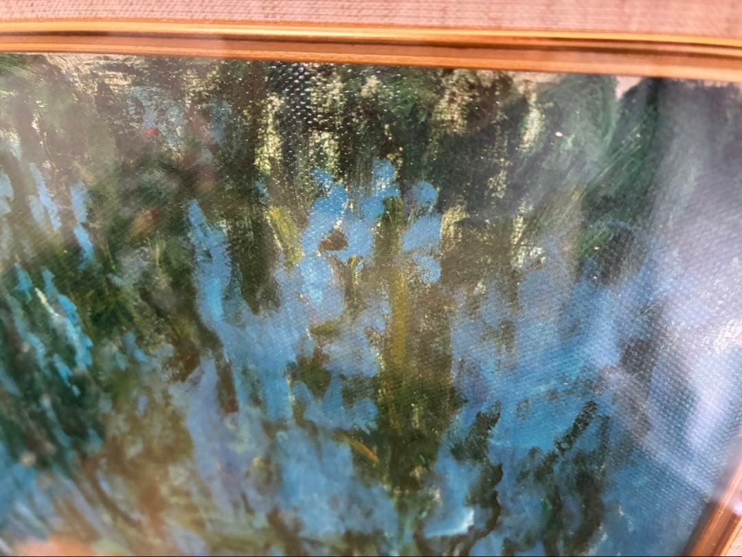 KA82☆青い睡蓮☆モネ 風景画 額縁付 説明付 箱有り 袋有り 大型 美品