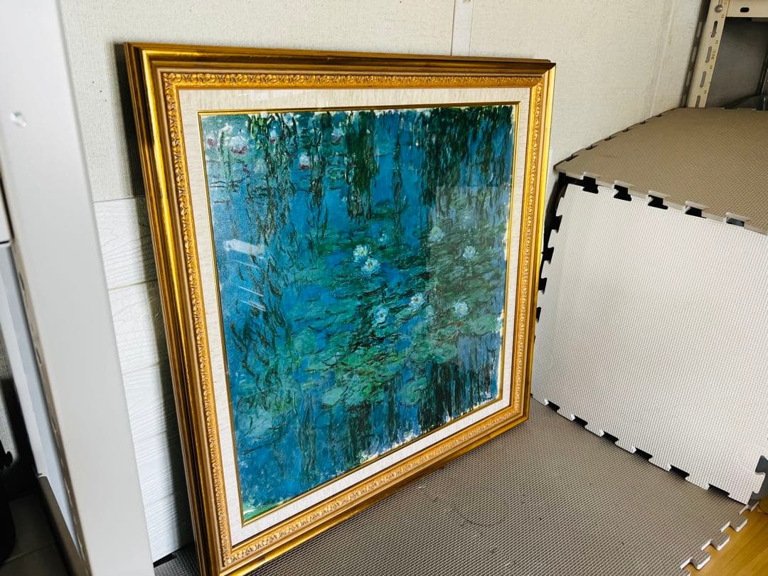 KA82☆青い睡蓮☆モネ 風景画 額縁付 説明付 箱有り 袋有り 大型 美品