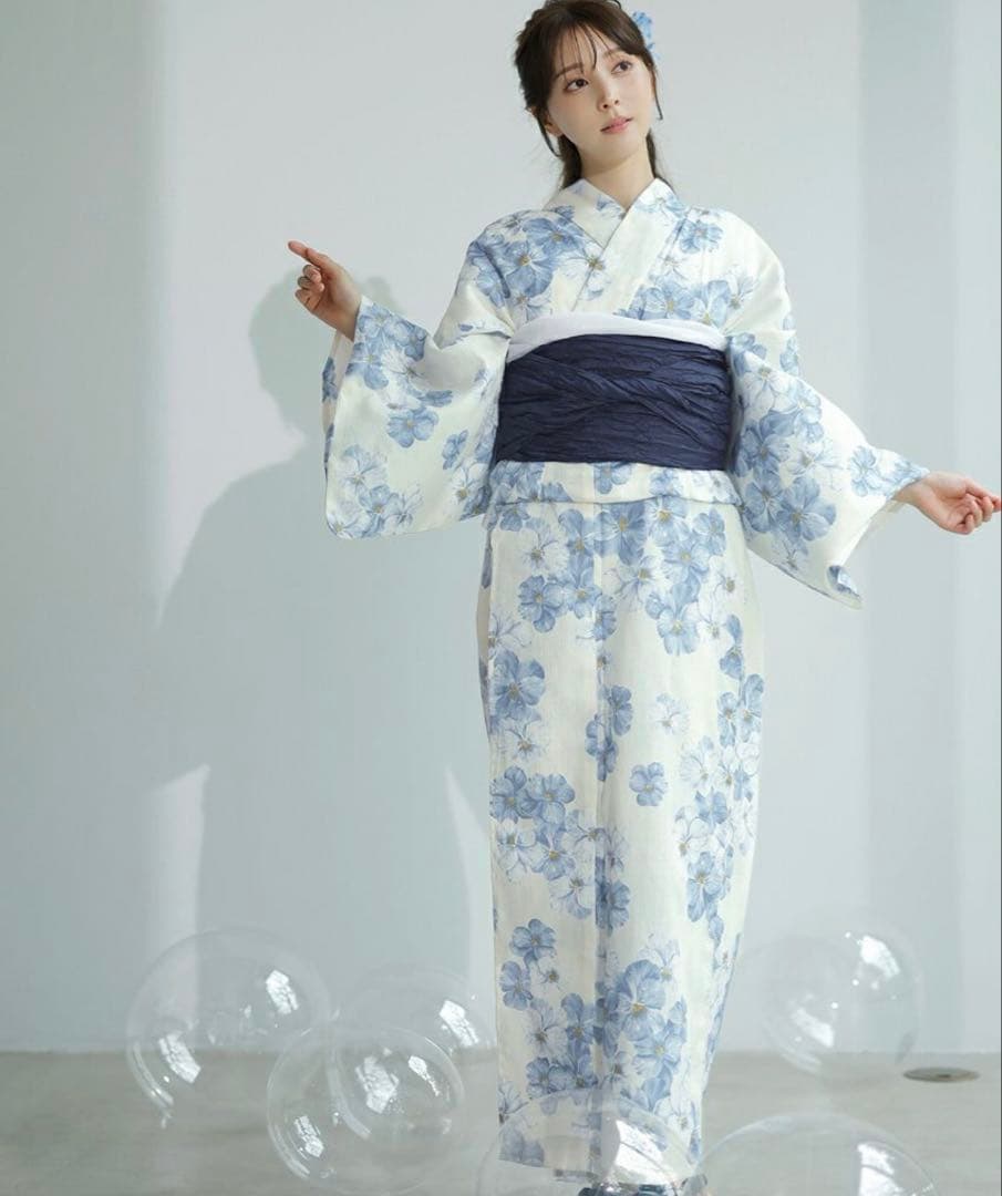 青い花柄浴衣・帯セット