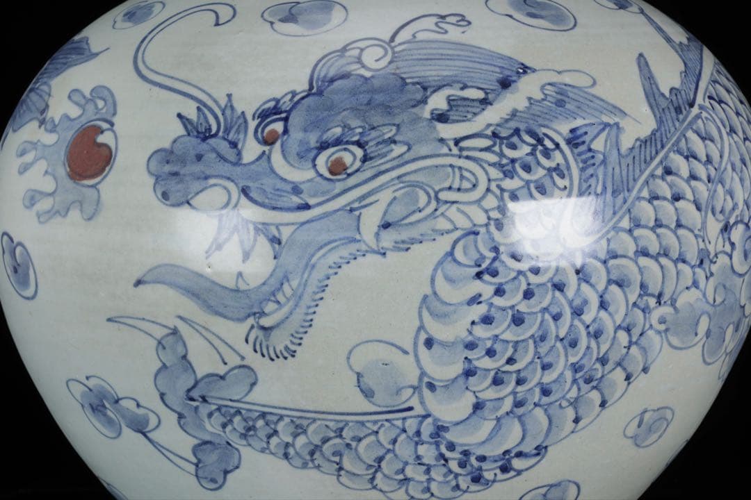 朝鮮美術 李朝 白磁 青花 染付 雲龍図 丸壺 32cm 大壺 古美術 骨董品