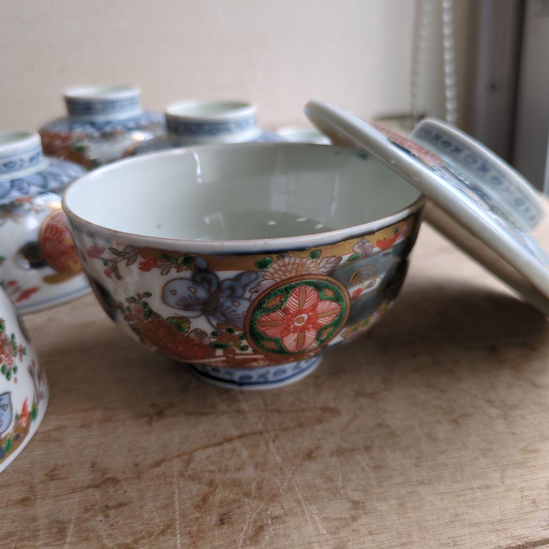 骨董 古伊万里 染錦 蓋茶碗 茶碗 煮物碗 色絵 アンティーク 5つ〜