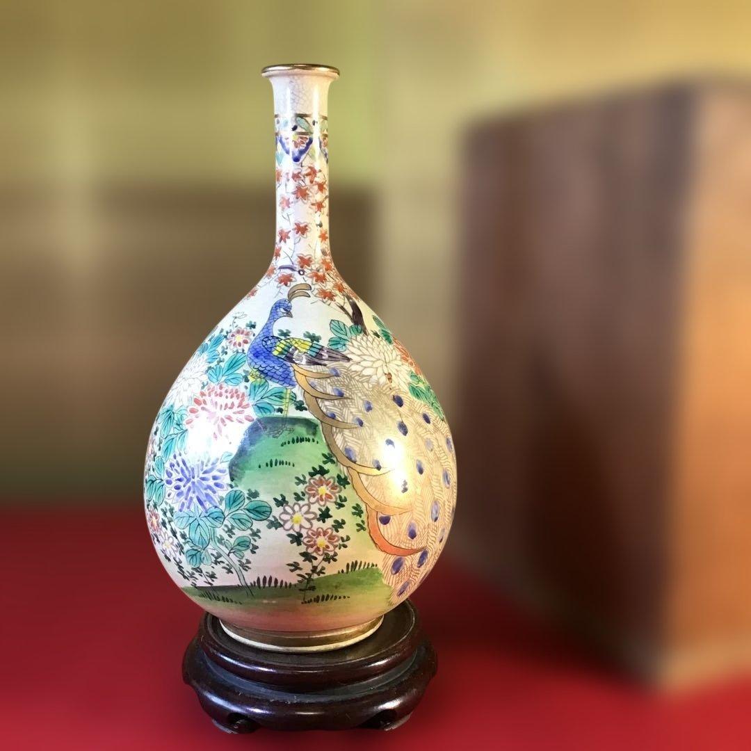 時代物　白薩摩焼　孔雀鶴首瓶