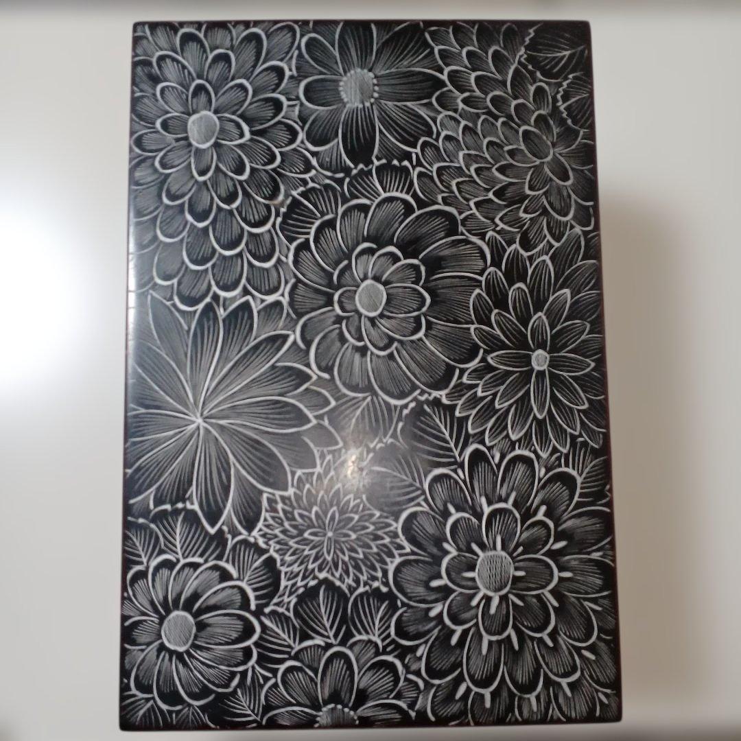 お茶道具、茶箱、銀漆花紋、輪島塗。蓋に補修の後あり、最後に、2枚写真あり。