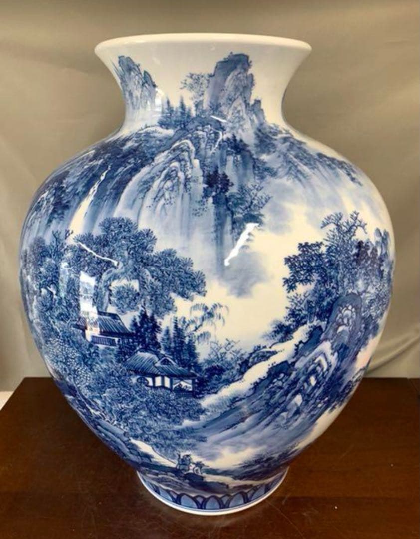 【希少品】古美術　大花瓶　精描かれた山水画青花染付け
