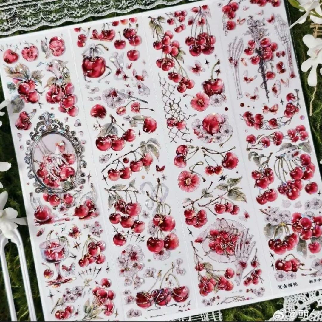 贝壳光 复古樱桃 6cm×10m 海外マステ さくらんぼ 骸骨 ダーク系