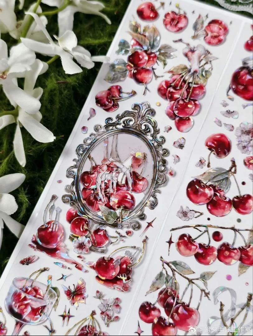 贝壳光 复古樱桃 6cm×10m 海外マステ さくらんぼ 骸骨 ダーク系